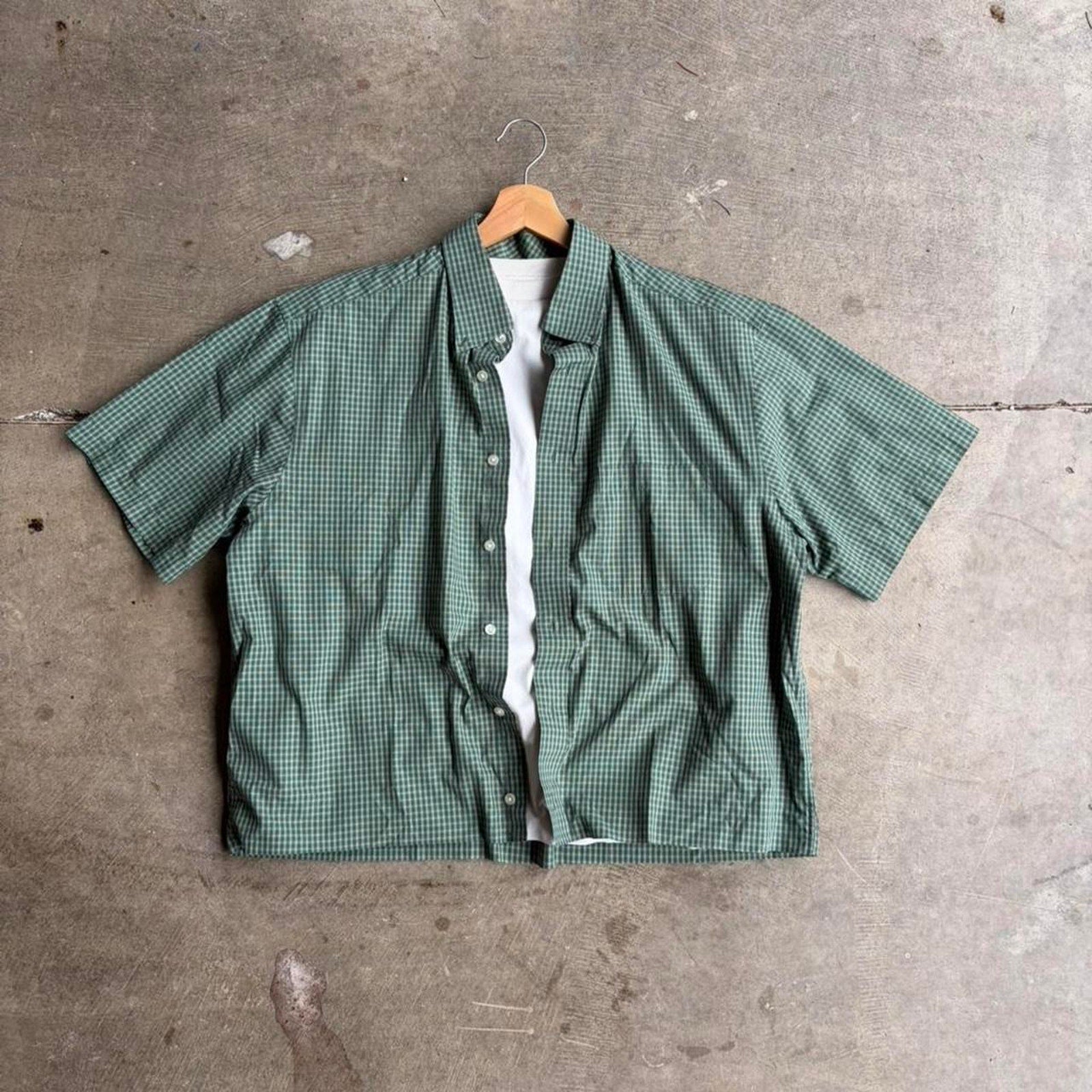 Green plaid cropped boxy button up shirt